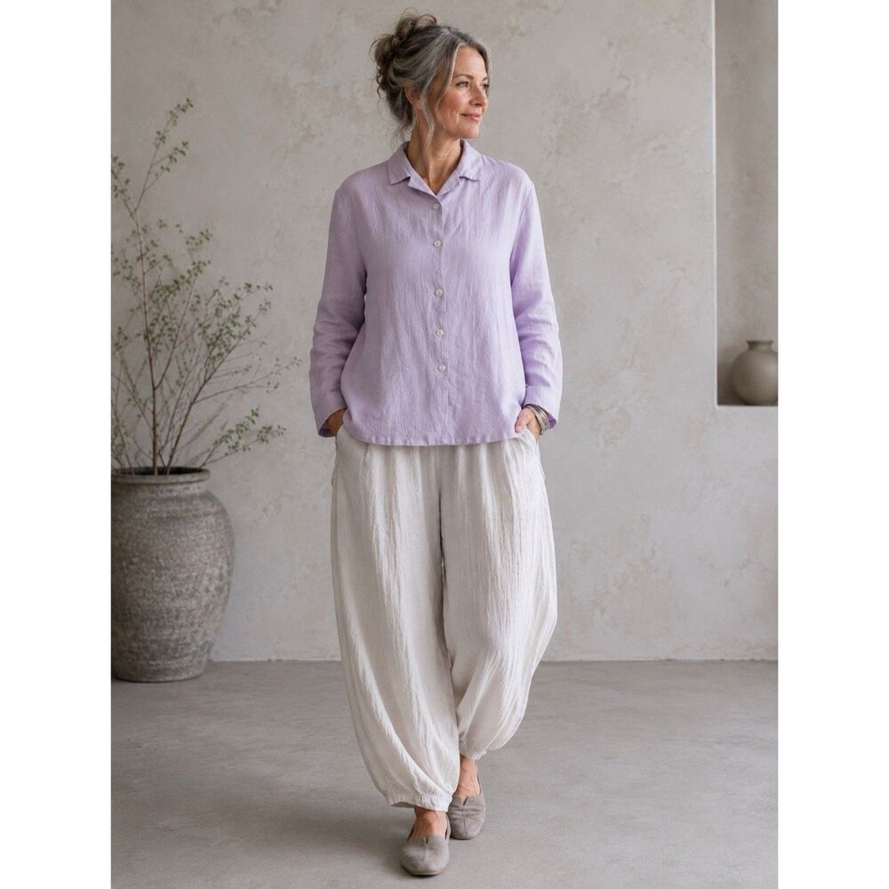 Bryn Walker 100% Linen Top Size Large Lavender Purple Button Front Lightweight